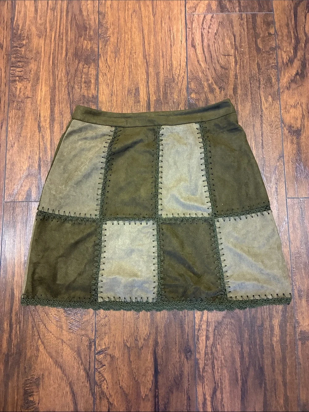 Honey Belle Olive Patchwork Suede Look Mini Skirt